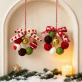 Wool ball mini Christmas wreath with gold bell accent for door, wall, or cabinet