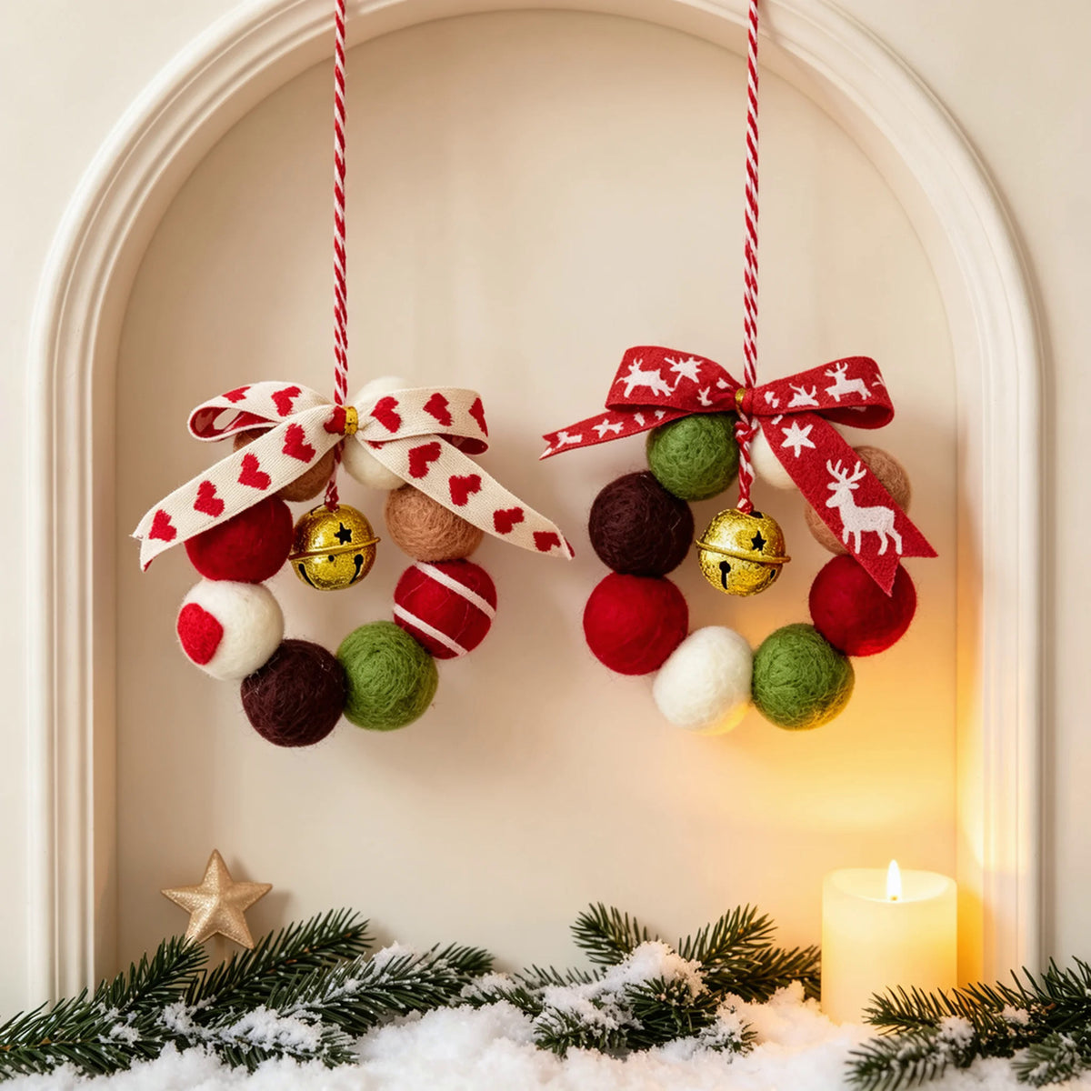 Wool ball mini Christmas wreath with gold bell accent for door, wall, or cabinet