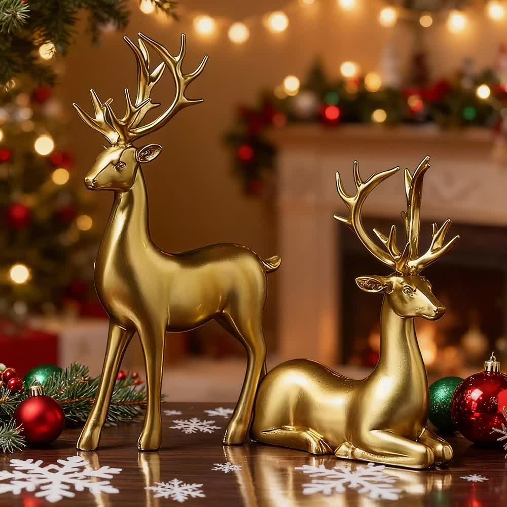 Nordic gold reindeer pair — set of 2 tabletop figurines