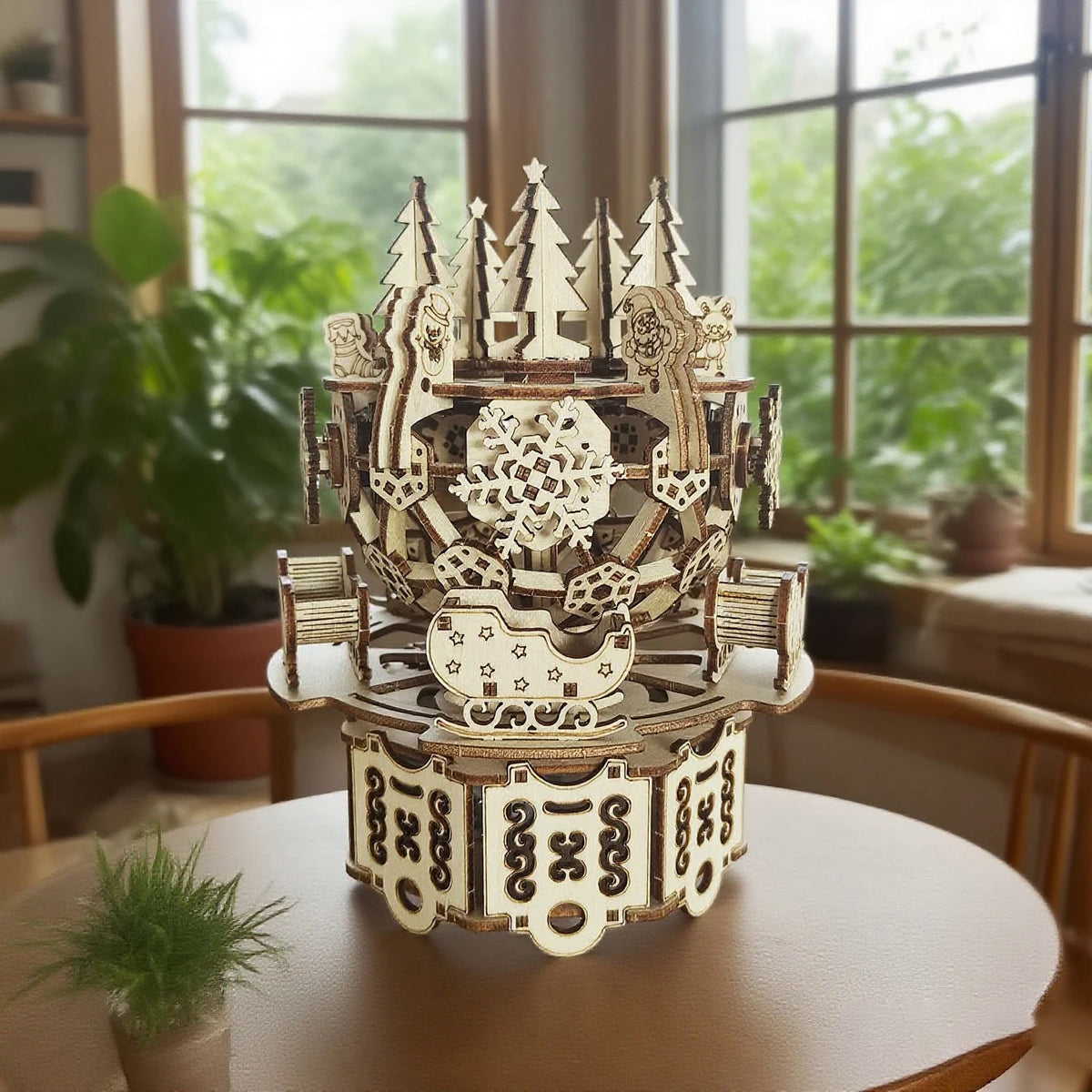 DIY wooden Ferris wheel Christmas music box in creamy white