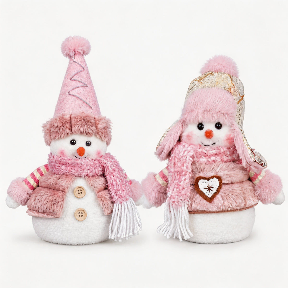 Pink Christmas snowman tabletop figurine décor with pink hats and scarves
