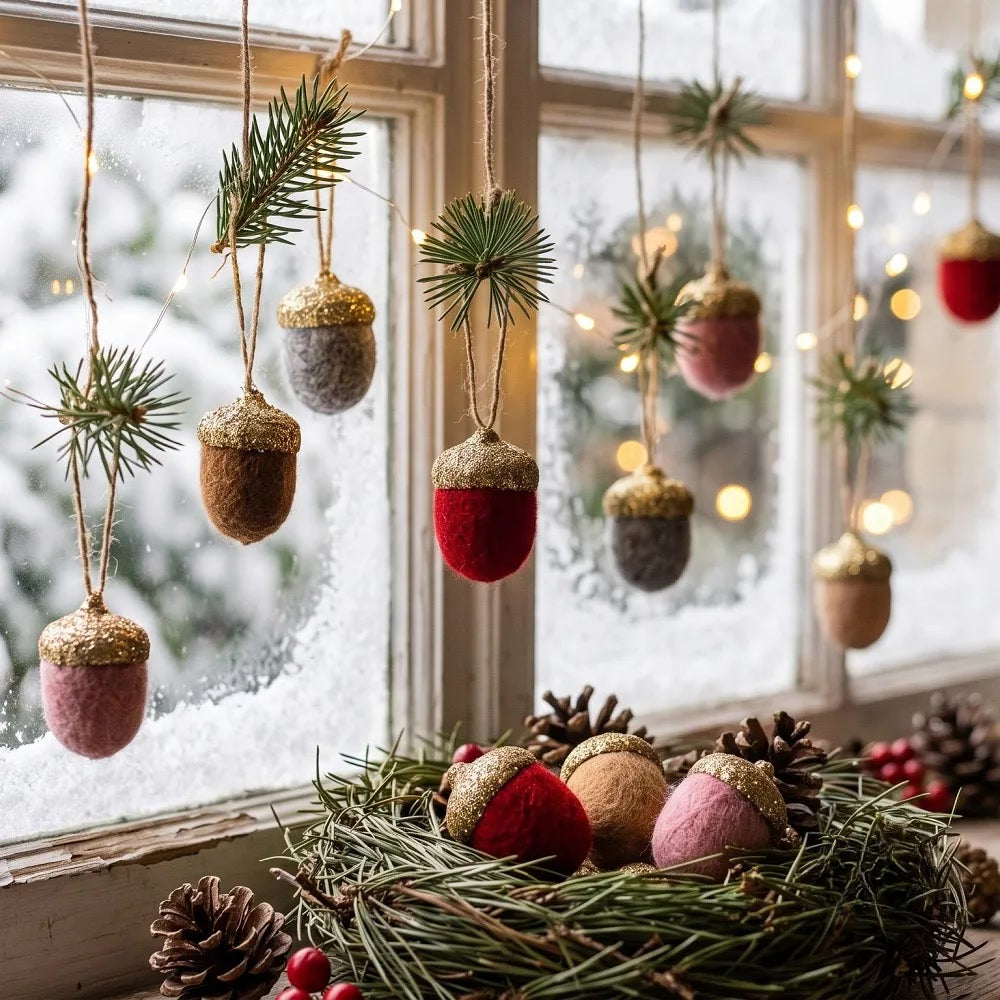 Soft felt pinecone and glitter acorn hanging ornaments on a Christmas tree