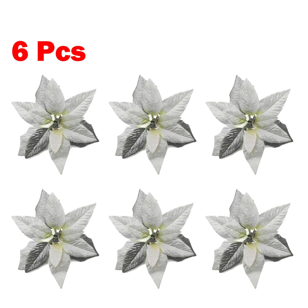 Glitter Poinsettia Flowers Pack of 6 detail 4
